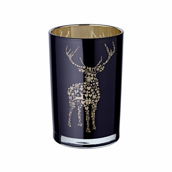 Lantaarn Fancy (hoogte 18 cm, ø 12 cm), theelichtglas met hertenmotief, buiten zwart/binnen goud