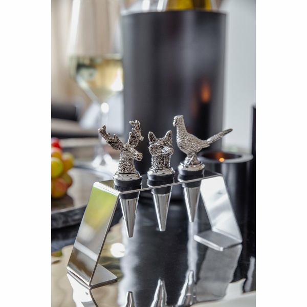 EDZARD set van 3 roestvrijstalen flessendoppen met standaard, hert, everzwijn, fazant, hoogte 9 cm