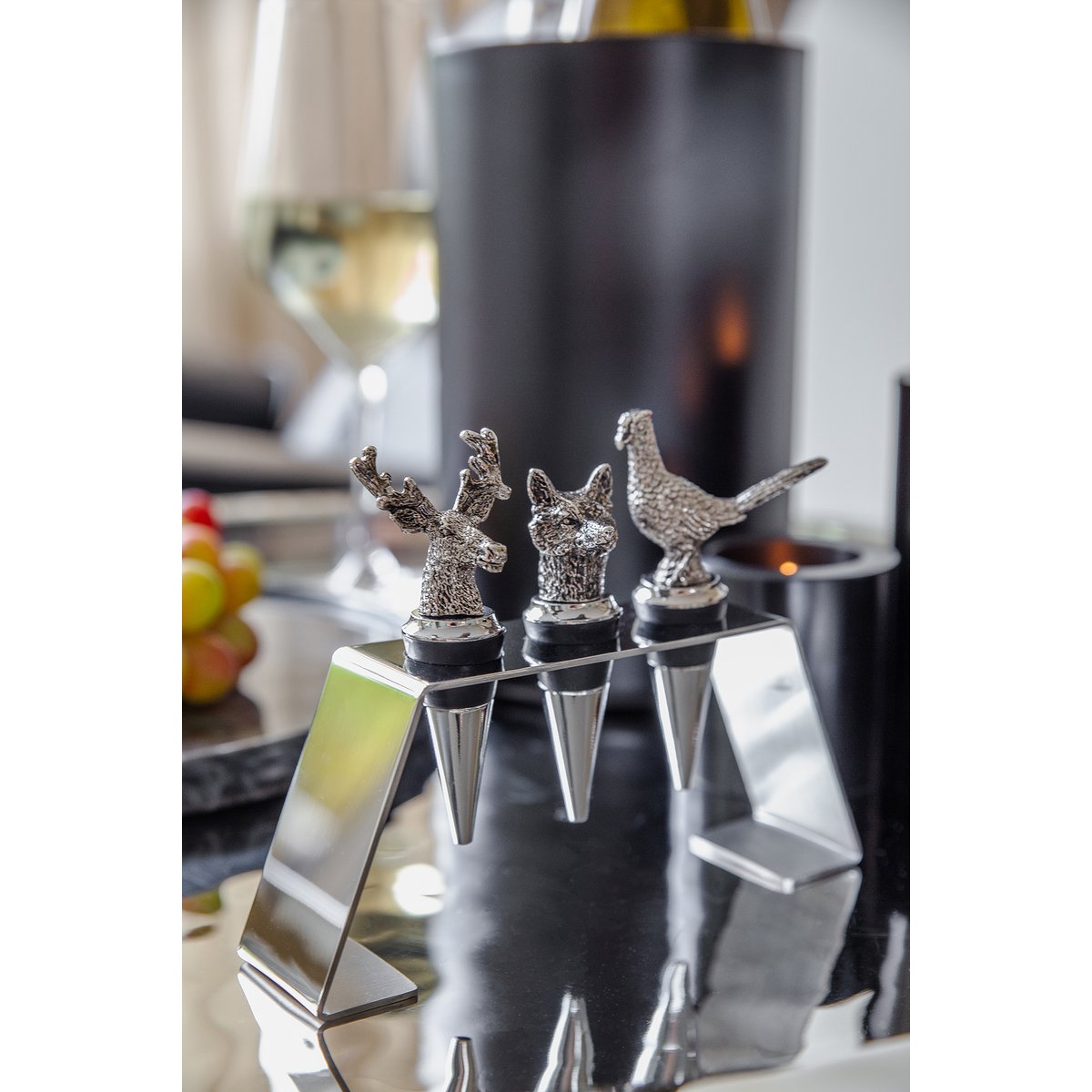 EDZARD set van 3 roestvrijstalen flessendoppen met standaard, hert, everzwijn, fazant, hoogte 9 cm