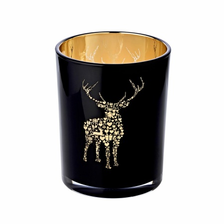 Lantaarn Fancy (hoogte 18 cm, ø 12 cm), theelichtglas met hertenmotief, buiten zwart/binnen goud