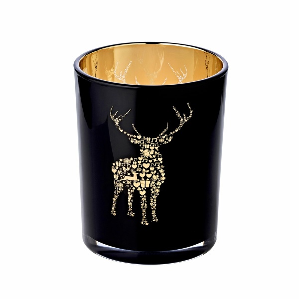 Lantaarn Fancy (hoogte 18 cm, ø 12 cm), theelichtglas met hertenmotief, buiten zwart/binnen goud