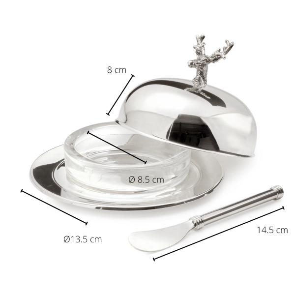 EDZARD botervloot hert 13x18 cm, H 8 cm, glazen inzetstuk, verzilverd, met botermes