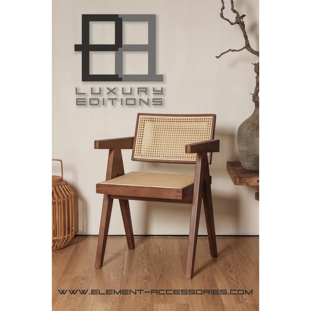 Luxe hout en rattan stoelen Walnut Color - Pierre Jeanneret - Chandigarh