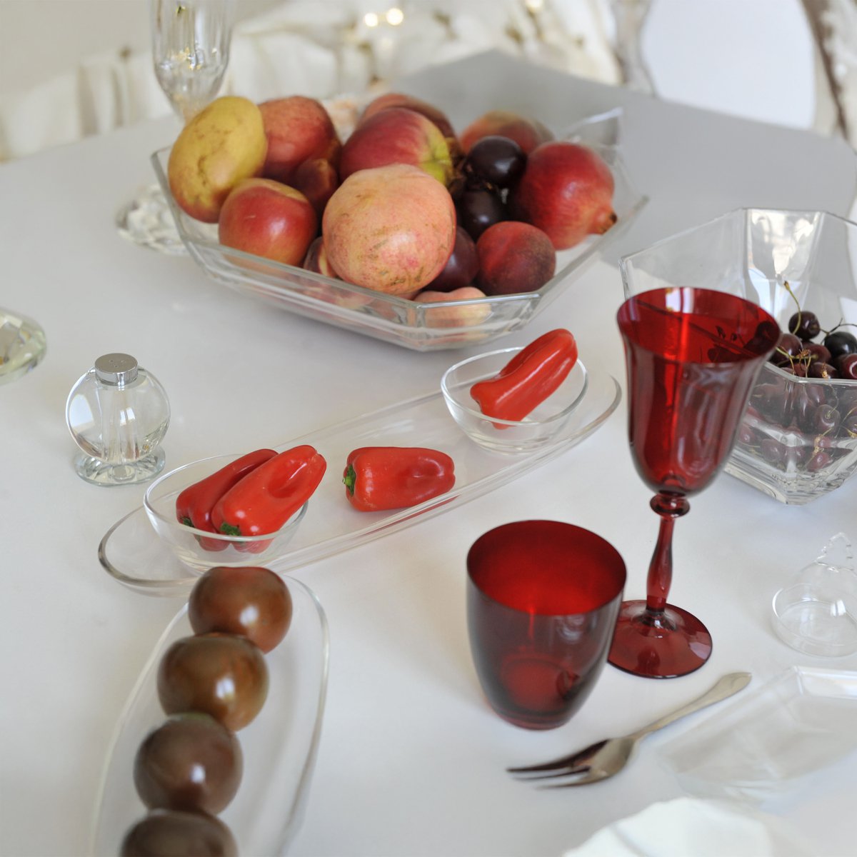 Aperitief set van 3 kopjes op transparant plateau 41 cm