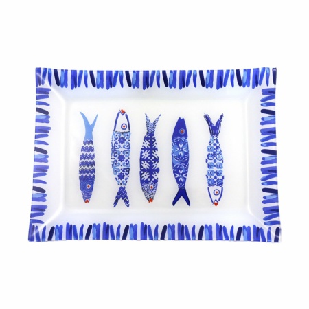 Rechthoekige schotel blauwe vis 35x25x2,8 cm
