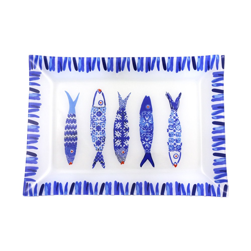 Rechthoekige schotel blauwe vis 35x25x2,8 cm
