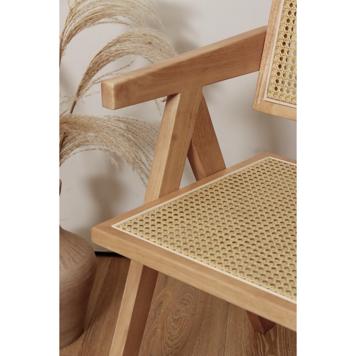 stoel Pierre Jeanneret blank eikenkleur + rotan, hoge kwaliteit