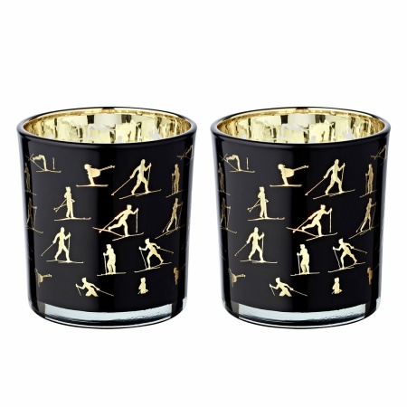Set van 2 theelichtglazen Monty (hoogte 8 cm, ø 7,5 cm), lantaarn met skimotief, goud/zwart