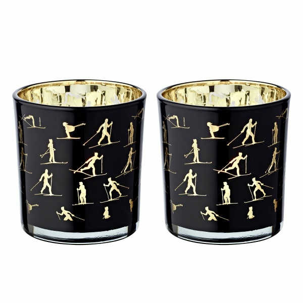 Set van 2 theelichtglazen Monty (hoogte 8 cm, ø 7,5 cm), lantaarn met skimotief, goud/zwart