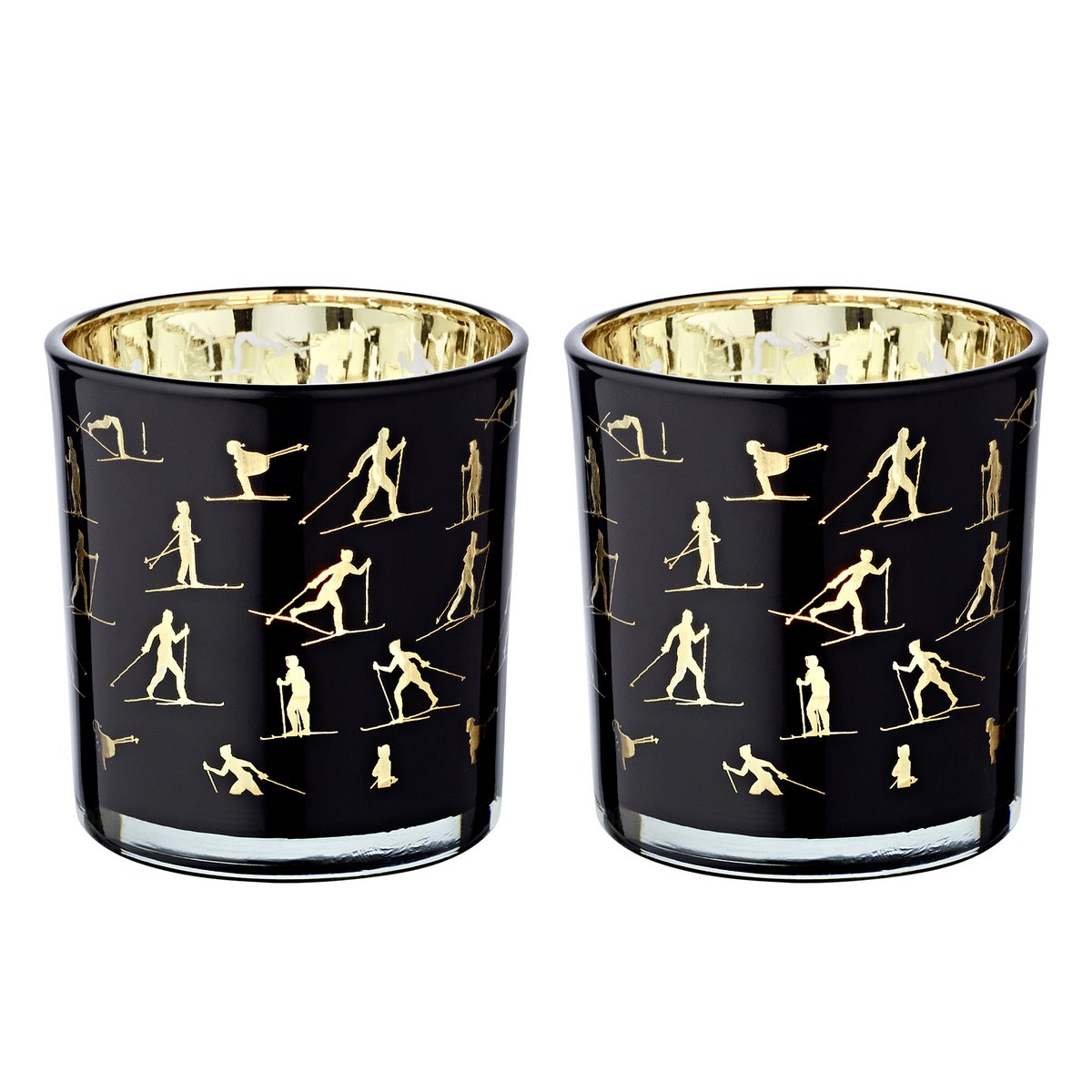 Set van 2 theelichtglazen Monty (hoogte 8 cm, ø 7,5 cm), lantaarn met skimotief, goud/zwart