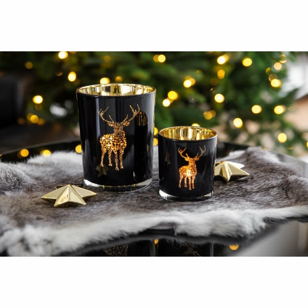 Lantaarn Fancy (hoogte 18 cm, ø 12 cm), theelichtglas met hertenmotief, buiten zwart/binnen goud