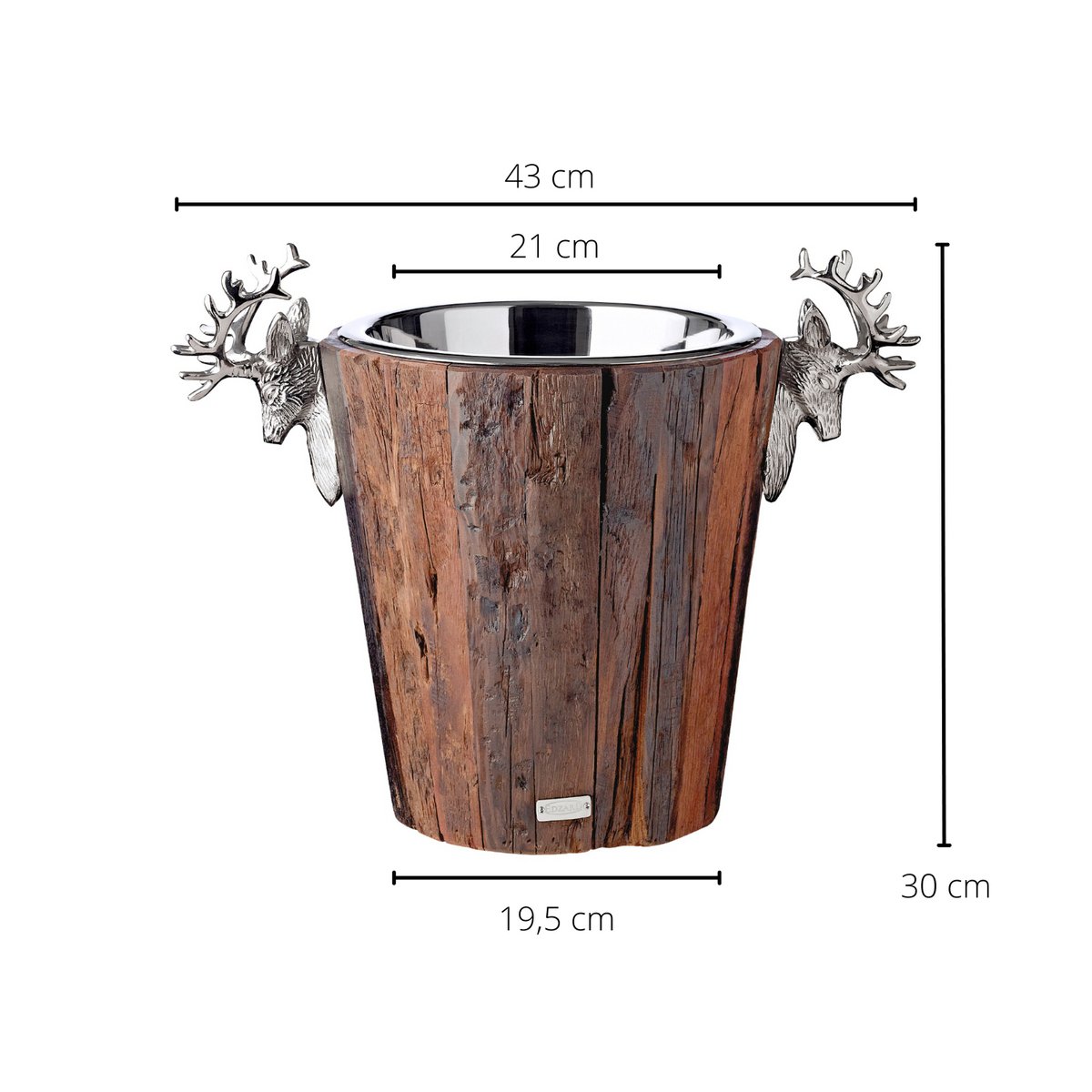 EDZARD champagnekoeler Milwaukee met 2 hertenkoppen, teak, RVS glanzend vernikkeld, hoogte 30 cm