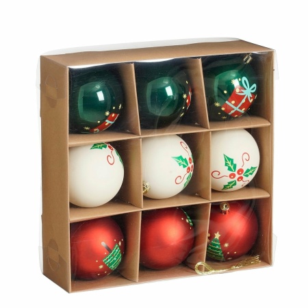 Kerstballen Set - 9 Stuks - Ø8 cm - Onbreekbaar - Wit, Rood, Groen