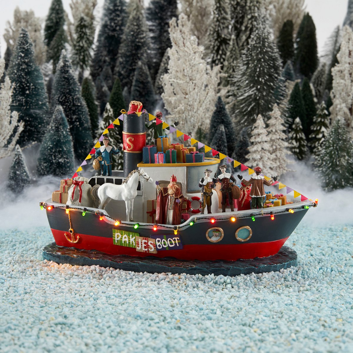 LuVille Sinterklaas Miniatuur Pakjesboot met LED Verlichting - L33 x B18 x H19 cm - Meerkleurig