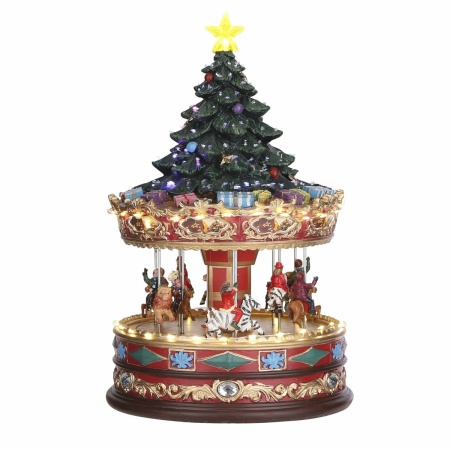 LuVille Kerstdorp Miniatuur Carrousel met Kerstboom - L22 x B22 x H35 cm